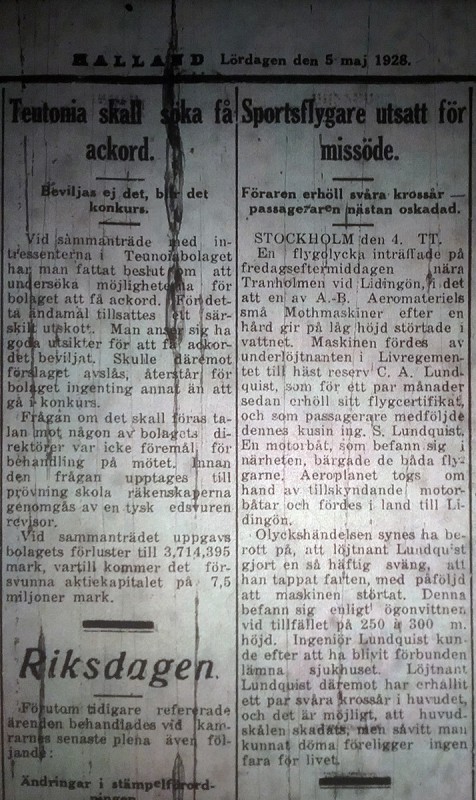 Notis om haveri vid Lidingö i tidningen Halland.<br />Avfotograferad från microfilm i microfilmläsare.