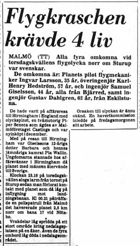 Tidningsklipp ur Hallandsposten den 1 mars 1980 om haveriet den 28 februari vid Sturup