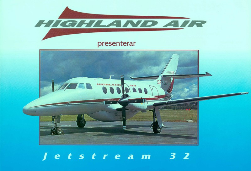 Framsida av trycksak, reklamprospekt från Highland Air som presenterar flygplanet.