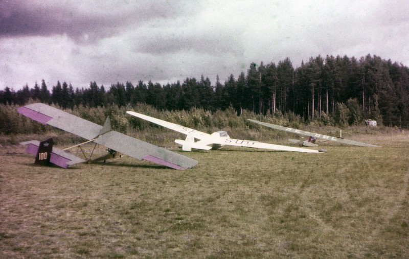 SE-100, Bergfalken SE-SUD och Grunna Baby SE-SBL på Olofsfors, Nordmaling flygplats 1956. Foto Helge Wannberg via Alf Johansson.