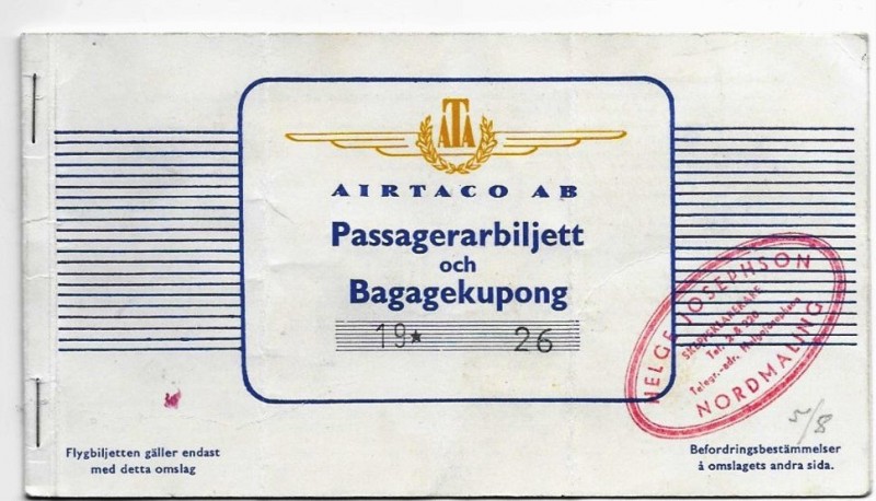 AIRTACO AB biljett 1956. Karin Berggren