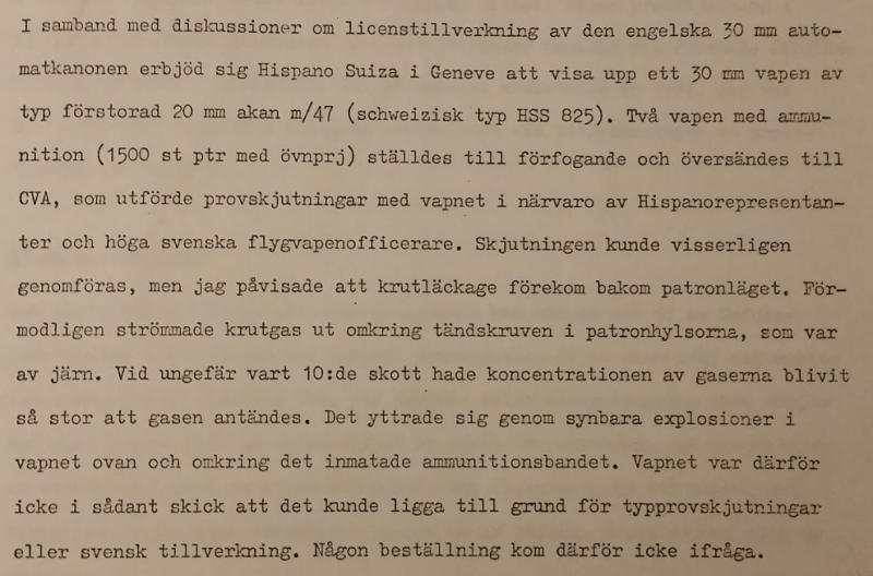 Urklipp från  Nils Thorssons bok (&quot;pärm&quot;, ej publicerad) &quot;Historik och kartläggning av vapenmateriel för flygplan&quot; (1975, Arboga, Sverige), sida 21.