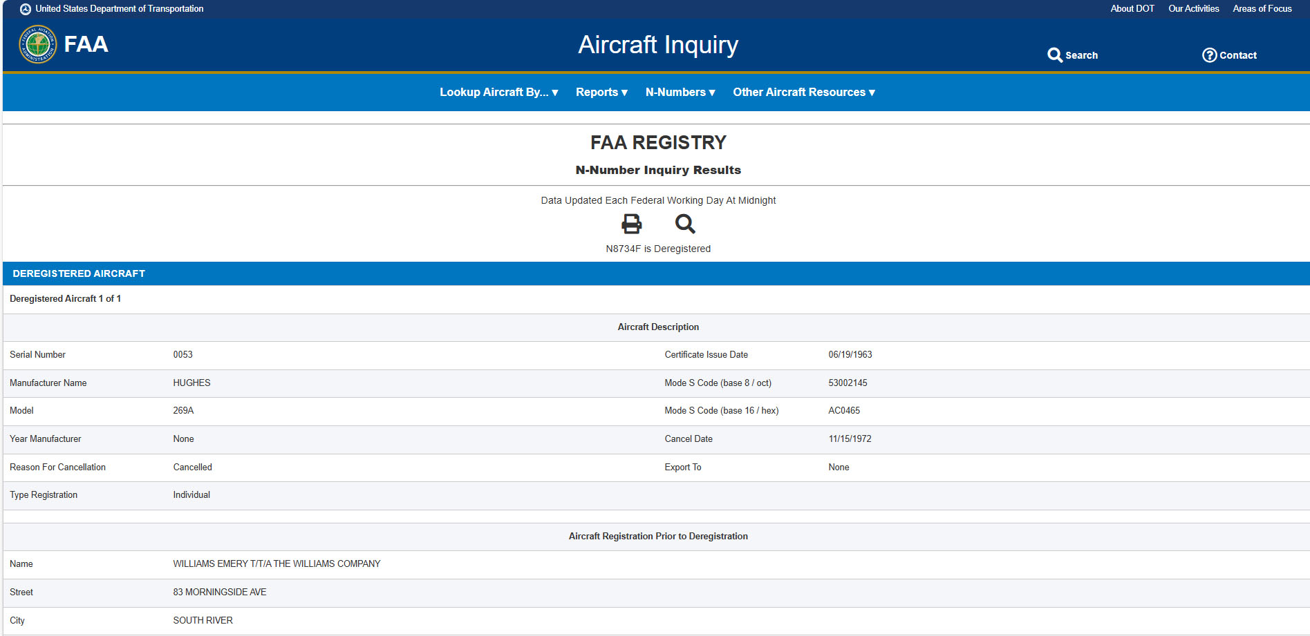 Skärmdump av FAA registersida. Här framgår att helikoptern registrerades redan 19 juni 1963.