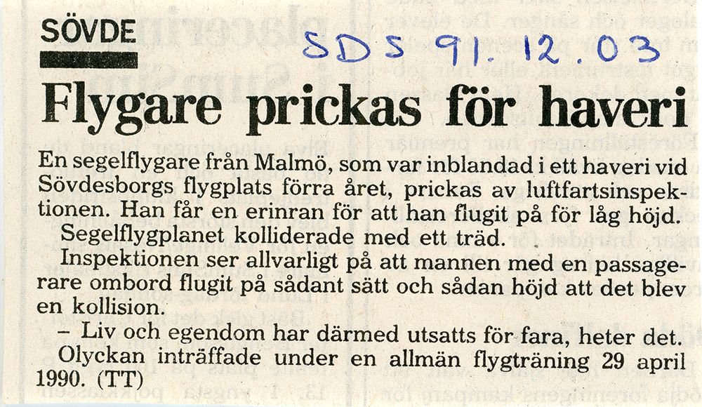 Tidningsklipp ur Sydsvenskan den 3 dec 1991.
