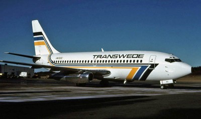 LN-SUS målad i Transwedes färger den 21 februari 1989. <br />Foto: Tommy Lakmaker