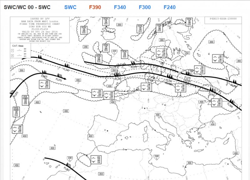 Denna SWC karta för FL390 är visserligen från dagen efter, men vädersituationen var ganska lika som dagen då vi åkte hem. Här ser man en jetström på 140 - 160 kt mellan Skottland och Östersjön.